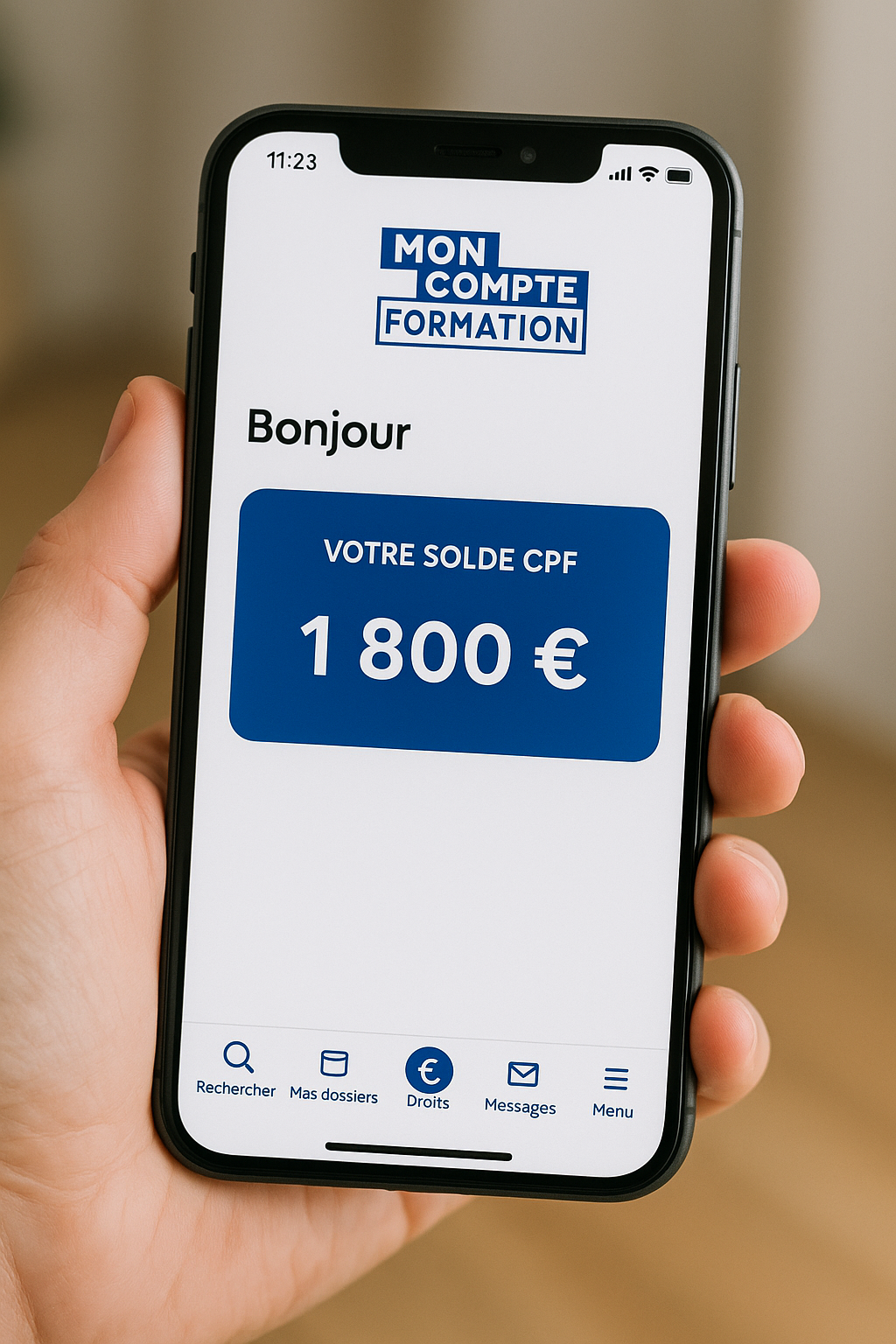 Application Mon Compte Formation affichant le solde CPF